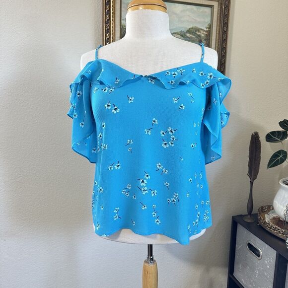 CeCe Tops - CeCe Women's Blue Teal Blouse Drapy Cold Shoulder Short Sleeve Top Sz XS